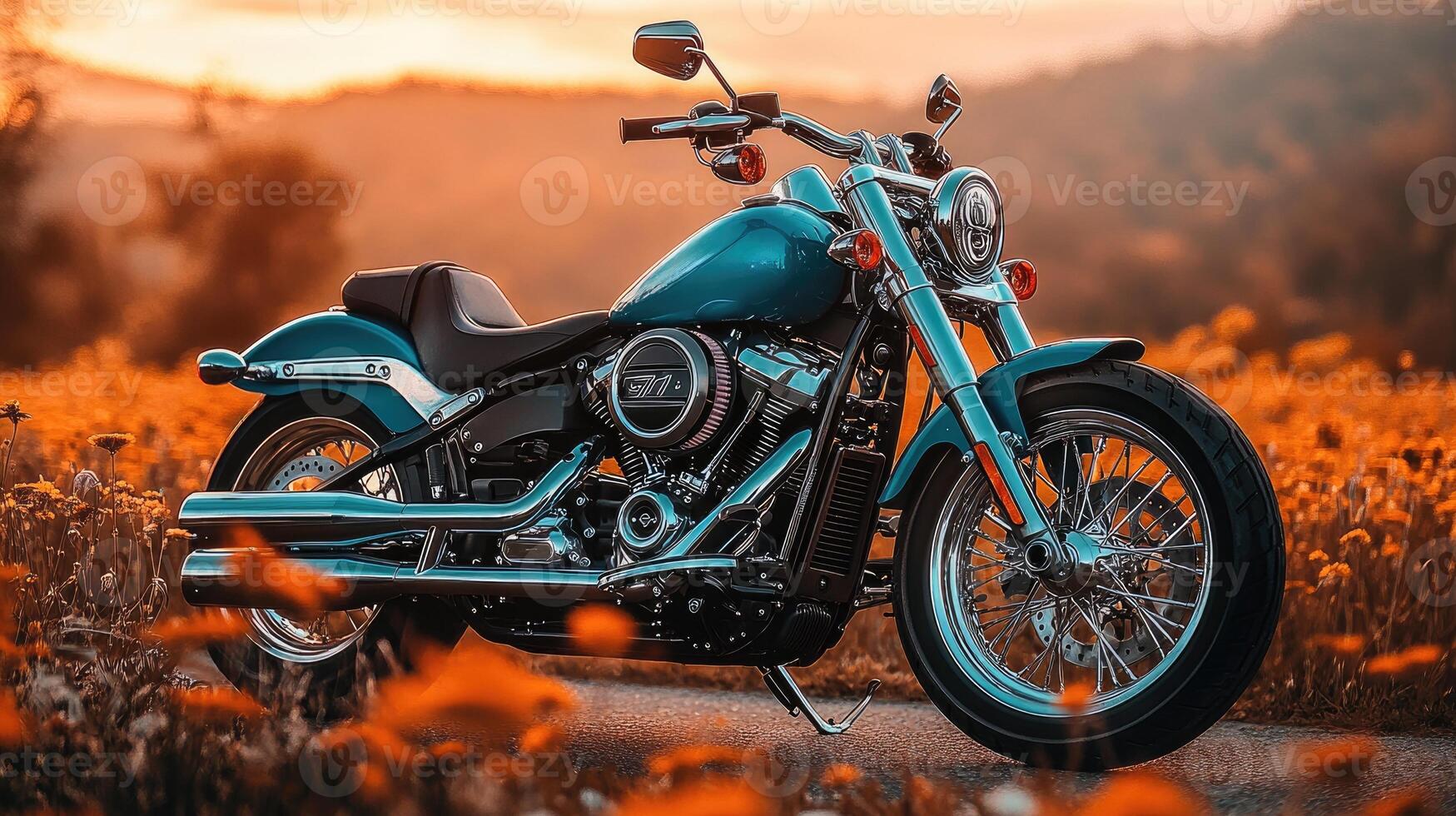 Blue motorcycle parked on country road at sunset photo