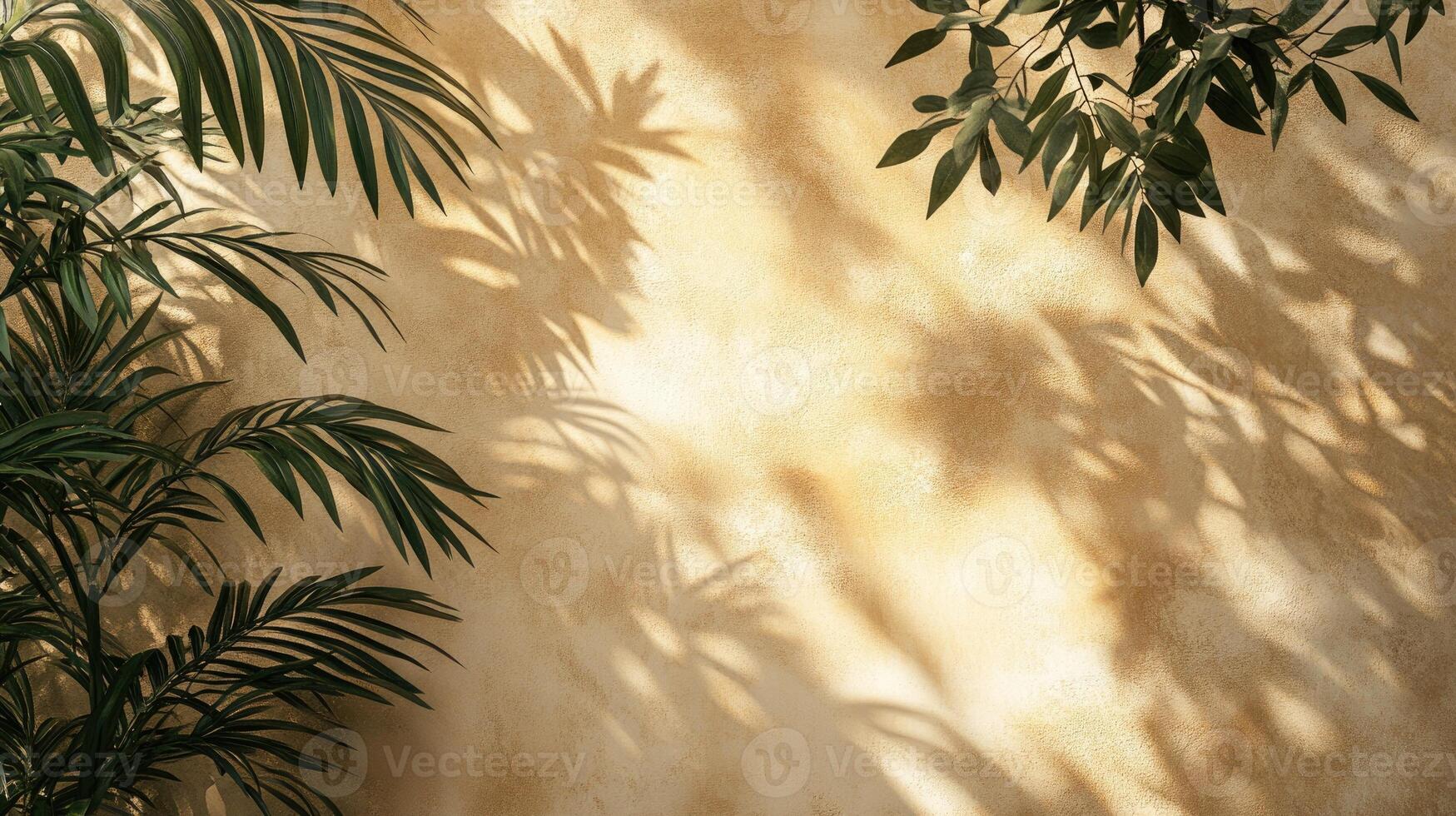 Sunlight casting shadows on textured wall with tropical green leaves photo
