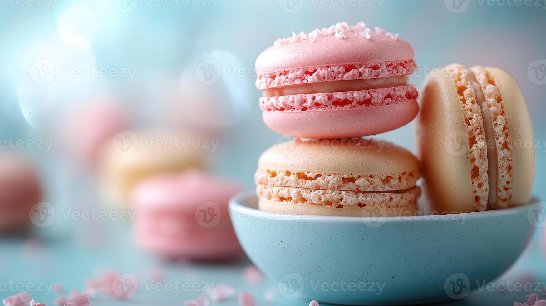 Delicious french macarons resting in a bowl on a table photo