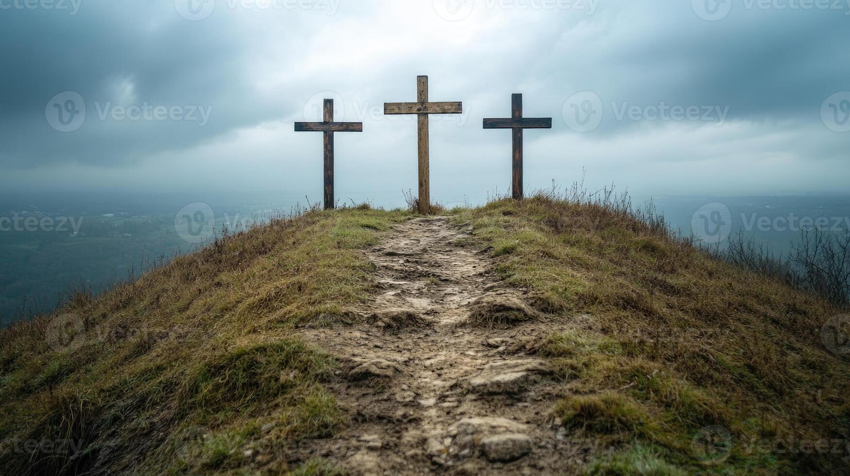 Three crosses standing on a hill under dramatic sky photo