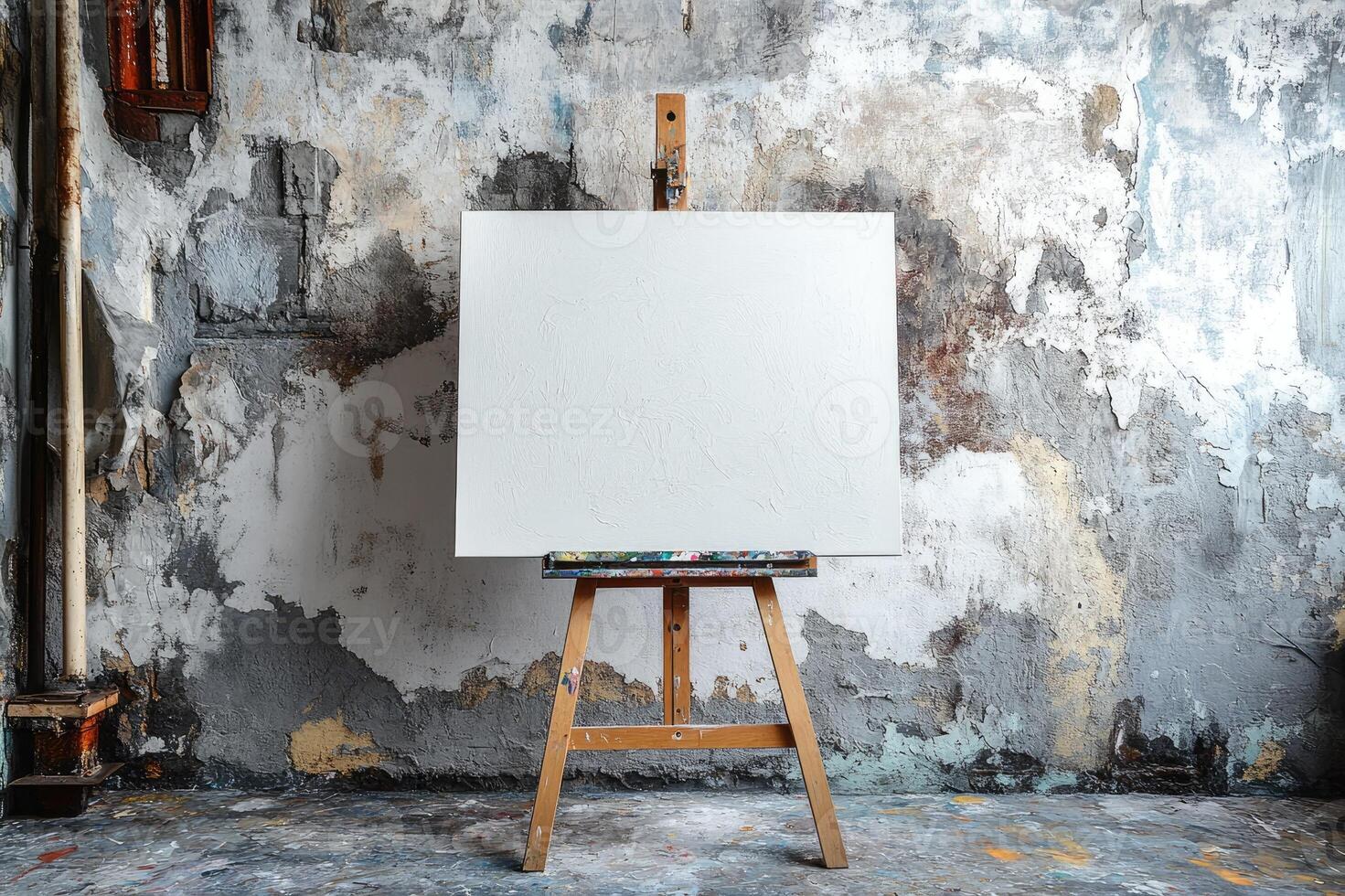 A pristine blank canvas on a wooden easel awaits an artist's creativity in a textured art studio photo
