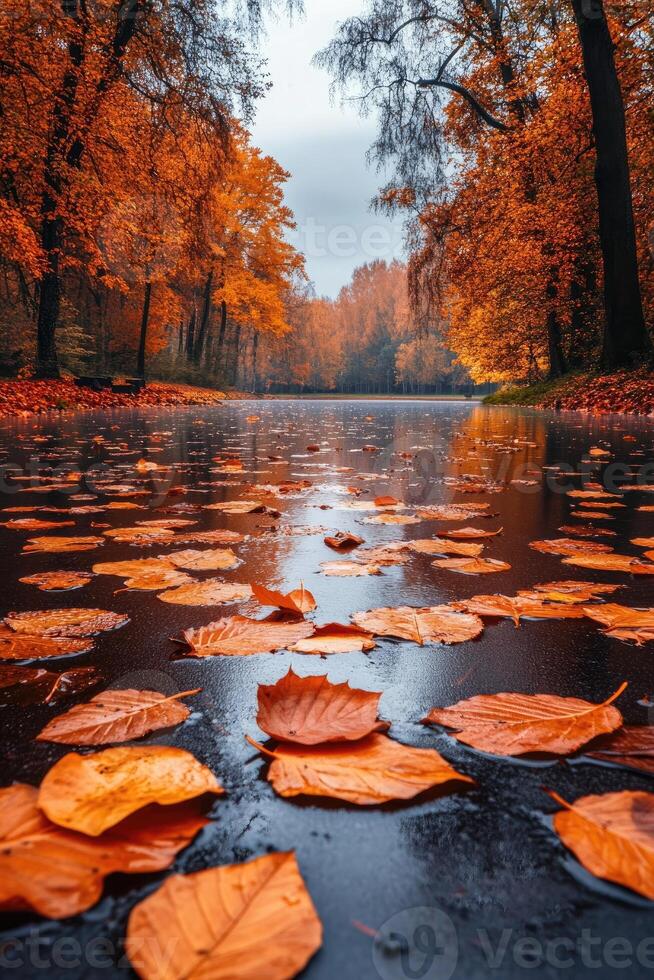 Orange autumn leaves floating on water surface in the park photo
