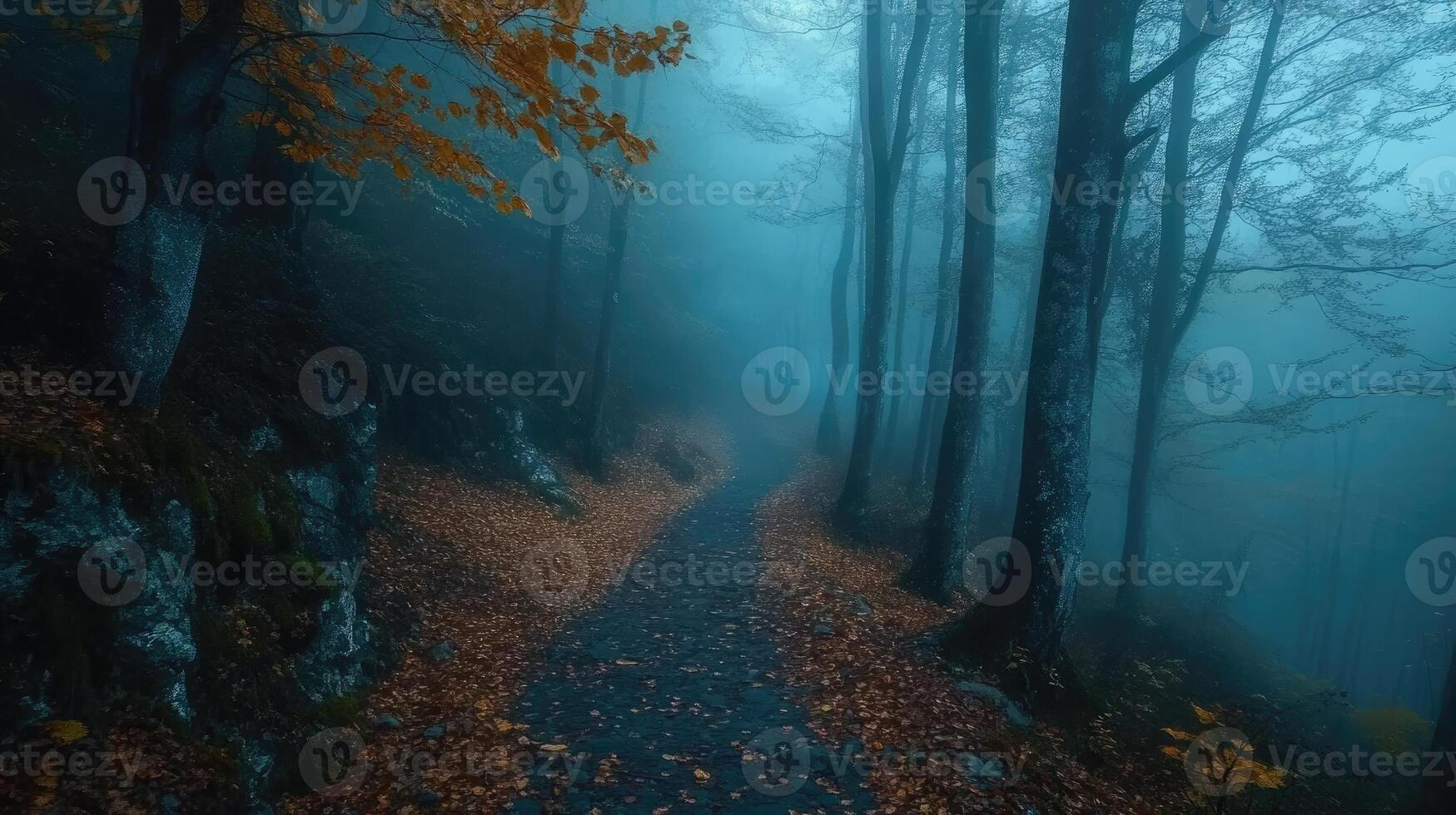 Mysterious forest path disappearing into a blue fog photo