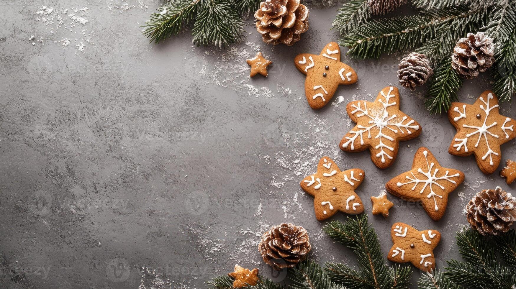 Christmas gingerbread cookies decorated with icing on grey background with fir branches photo
