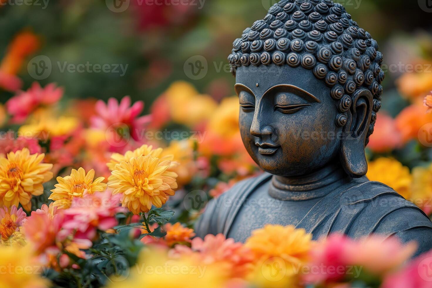 Buddha statue enjoying serenity surrounded by vibrant flowers photo