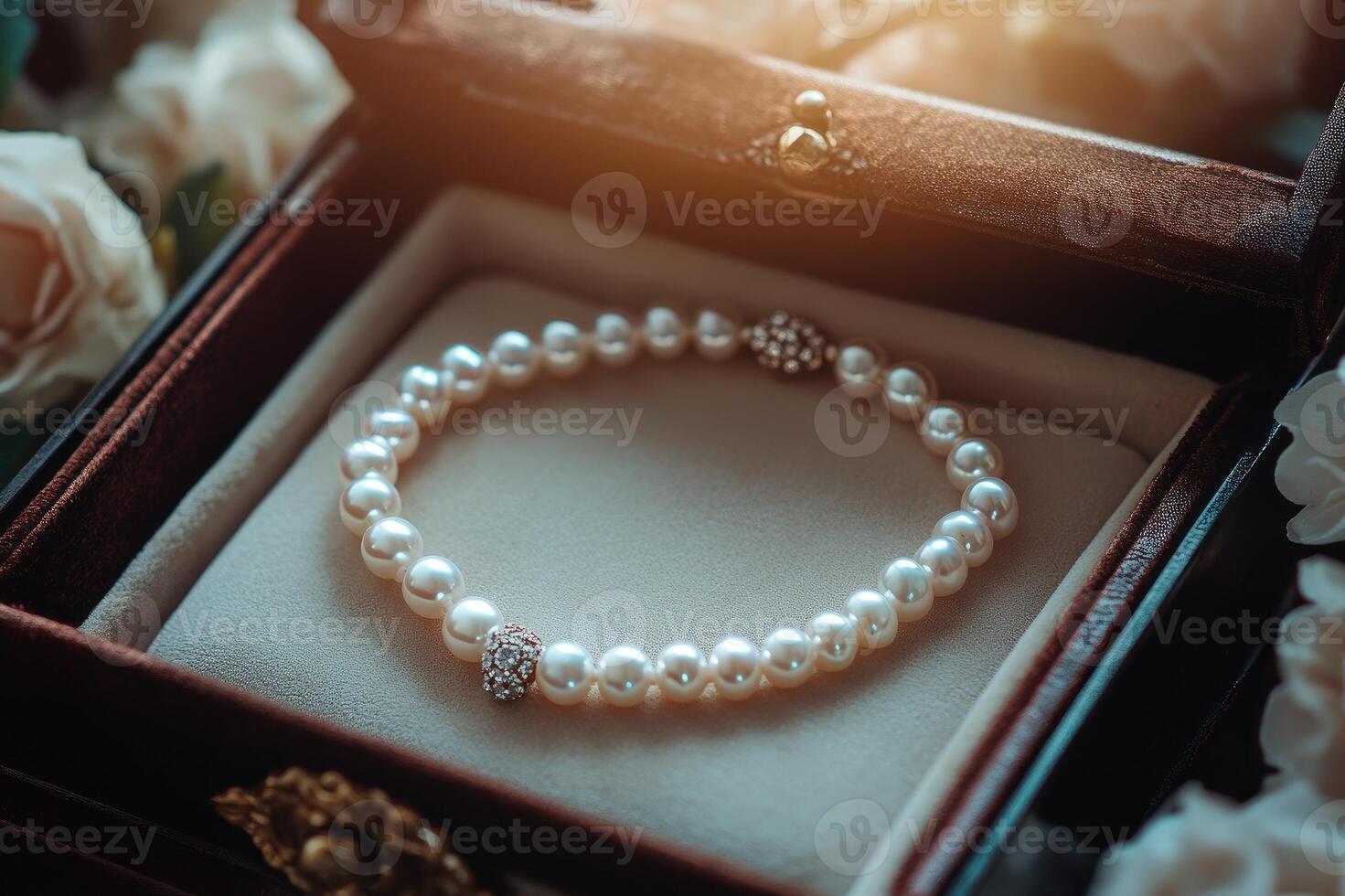Elegant pearl bracelet with diamond clasp lying in wooden jewelry box photo