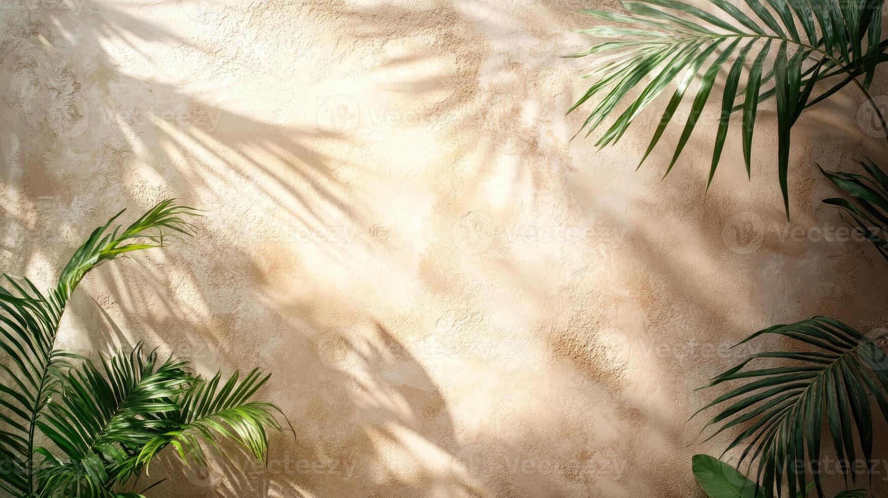 Sunlight casting palm tree shadows on textured wall, creating tropical ambiance photo