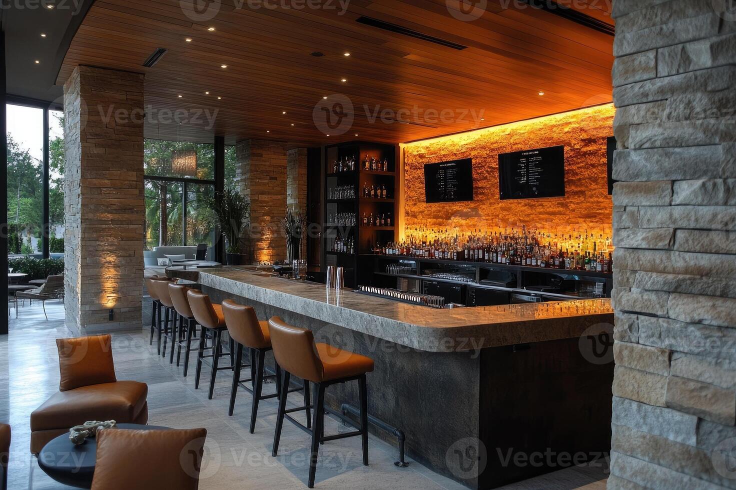 Modern and empty bar with orange lights shining at night photo