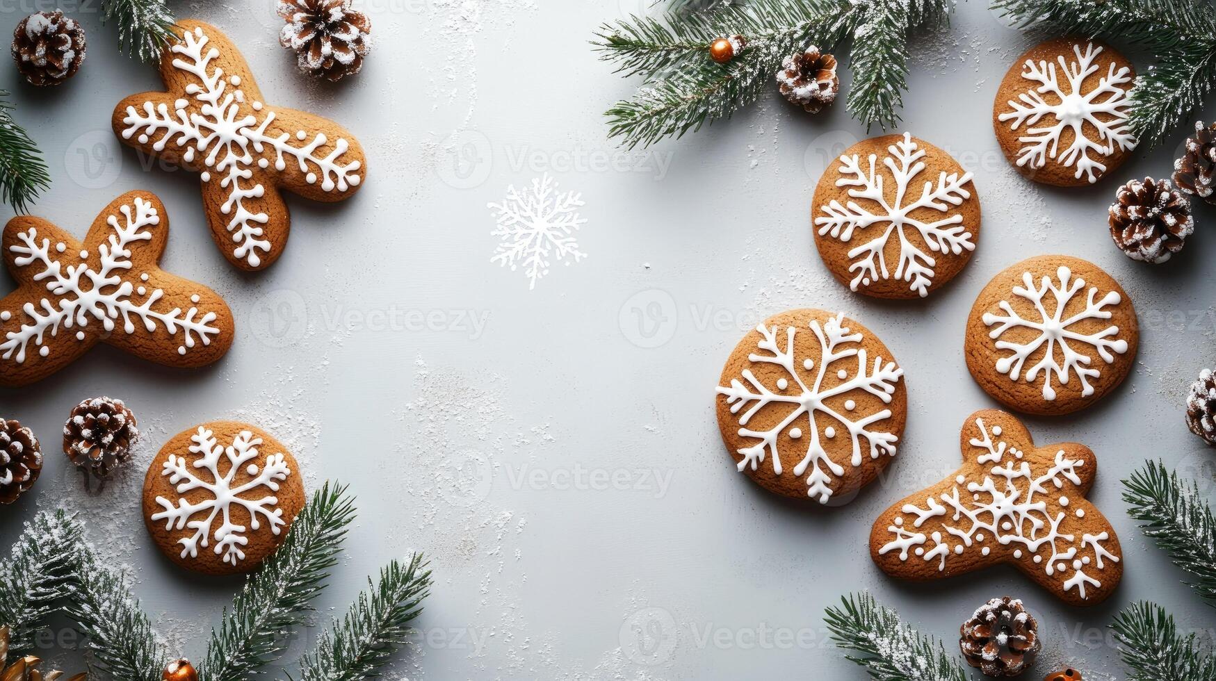 Christmas gingerbread cookies decorated with icing on grey background with fir branches photo