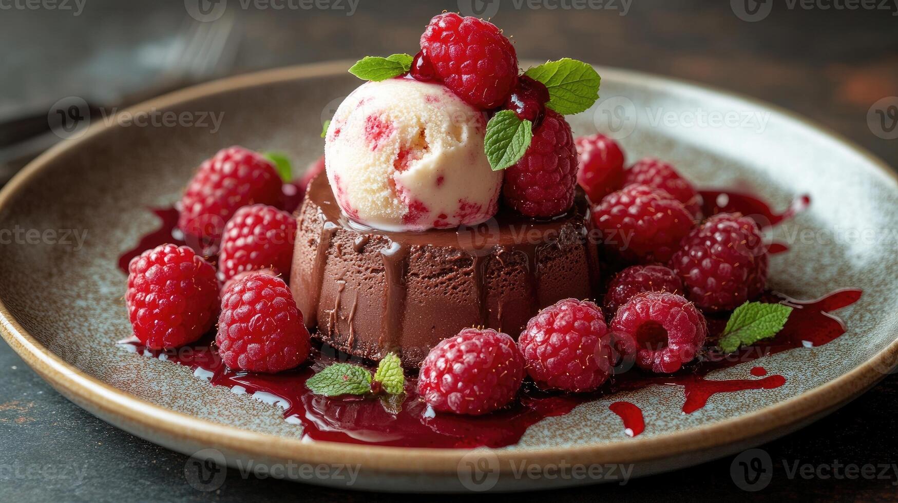 Chocolate lava cake dessert with scoop of raspberry ice cream and fresh raspberries photo
