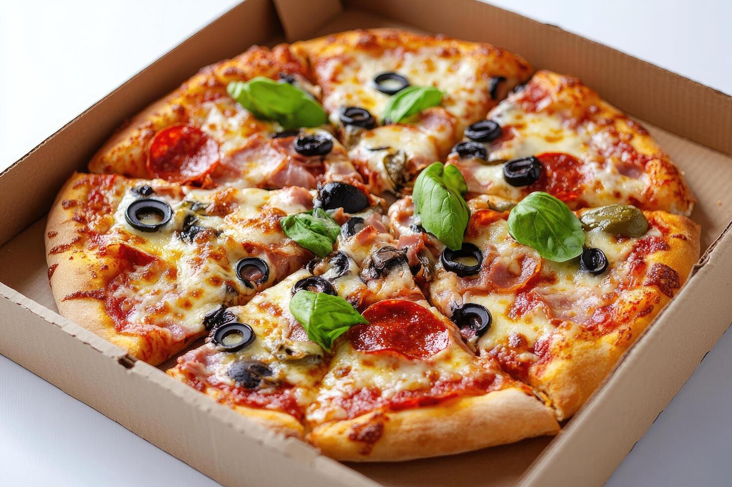 Delicious pizza with black olives and basil in a cardboard box photo