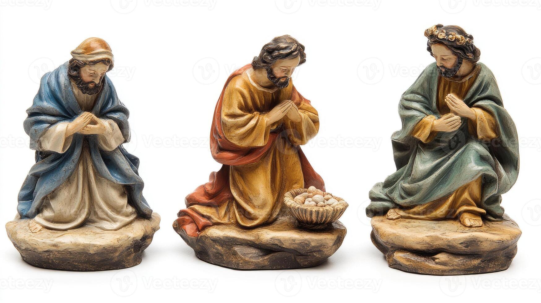 Three wise men kneeling and praying to baby jesus in a nativity scene figurine photo