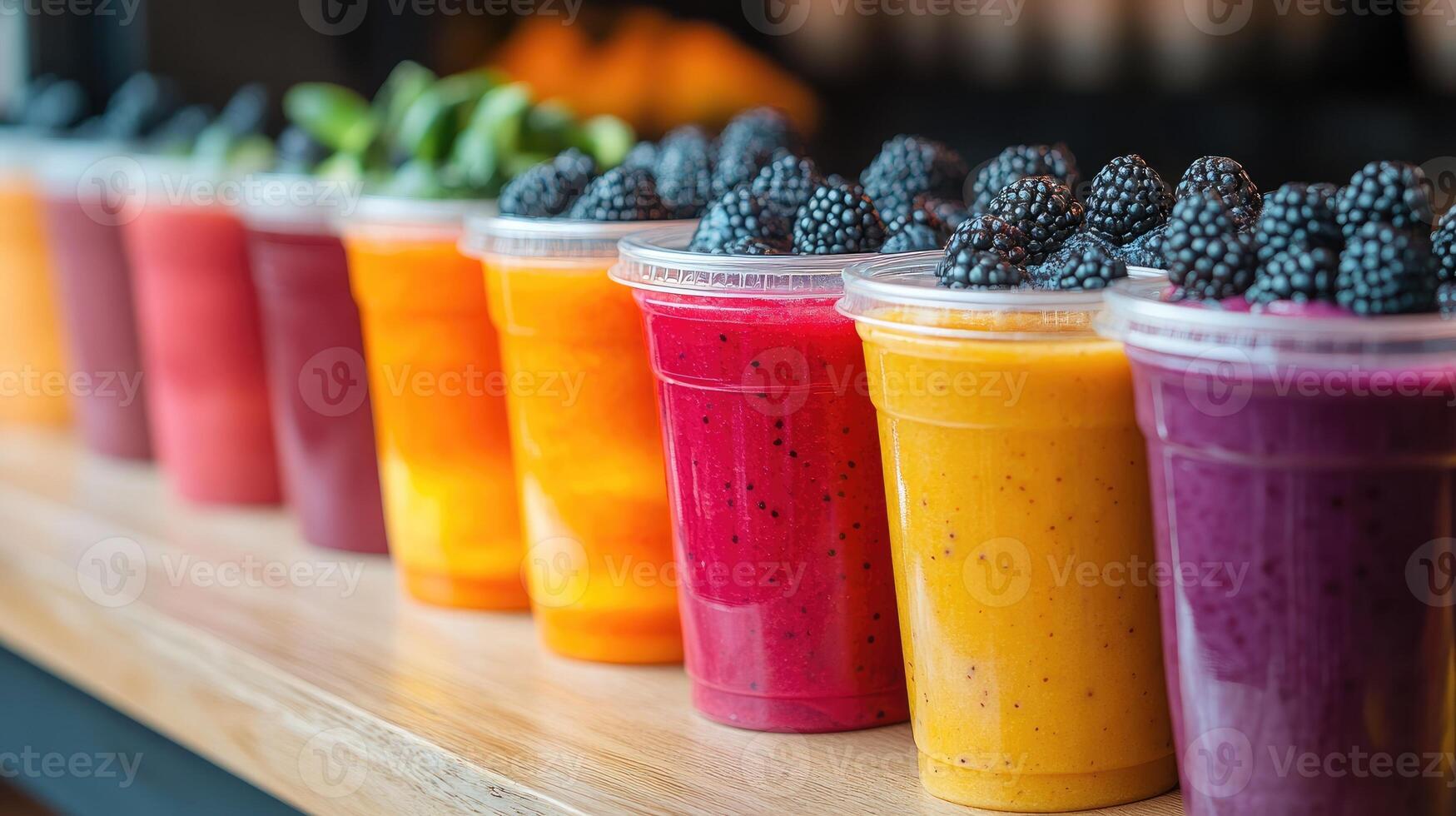Display fridge filled with colorful smoothies topped with fruits and vegetables photo