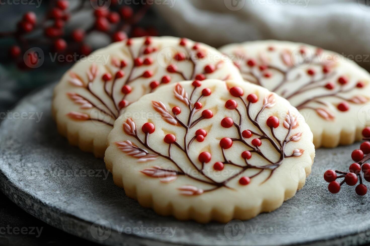 Christmas sugar cookies decorated with royal icing on a plate photo