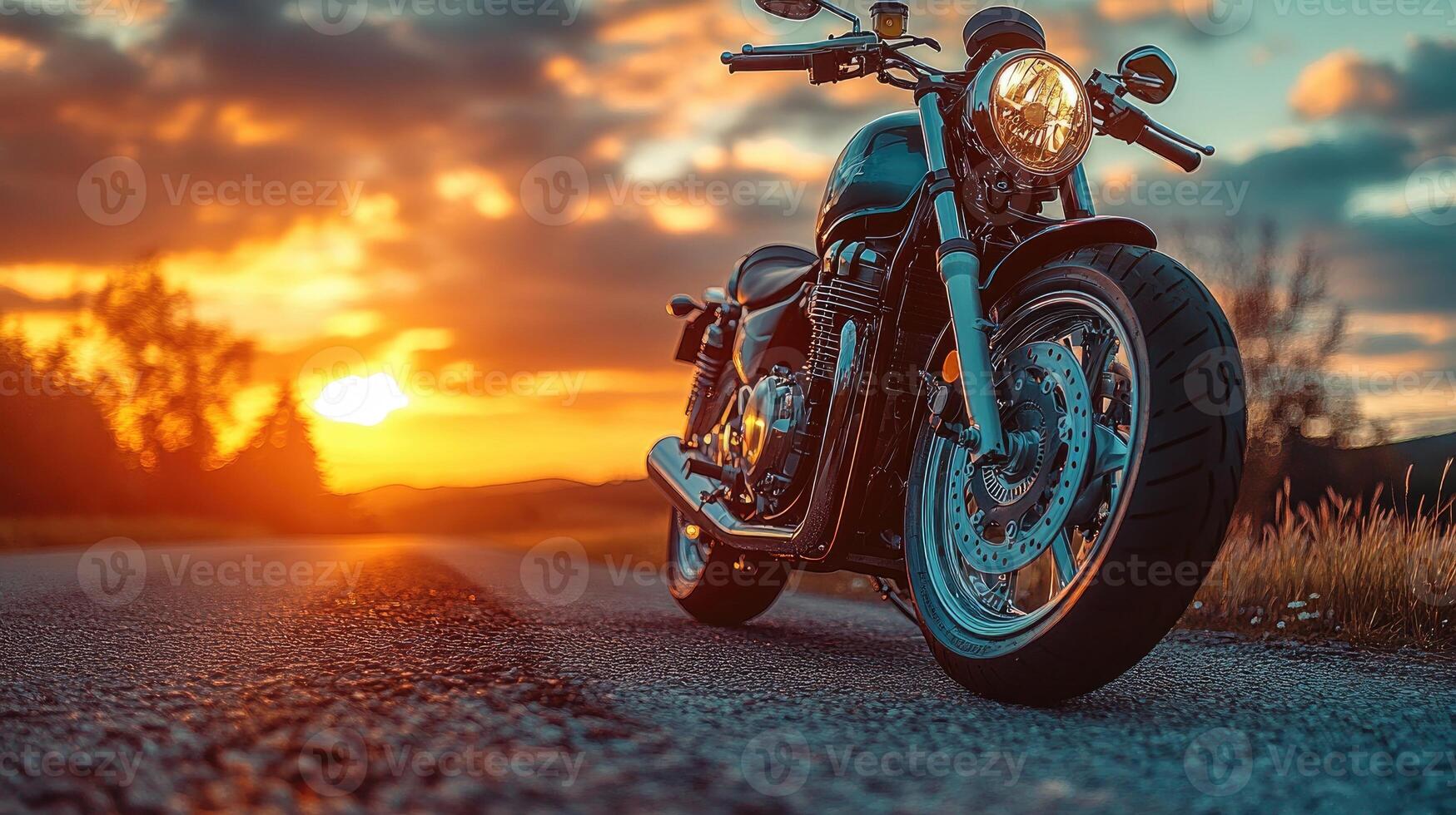Black motorcycle parked on country road at sunset photo