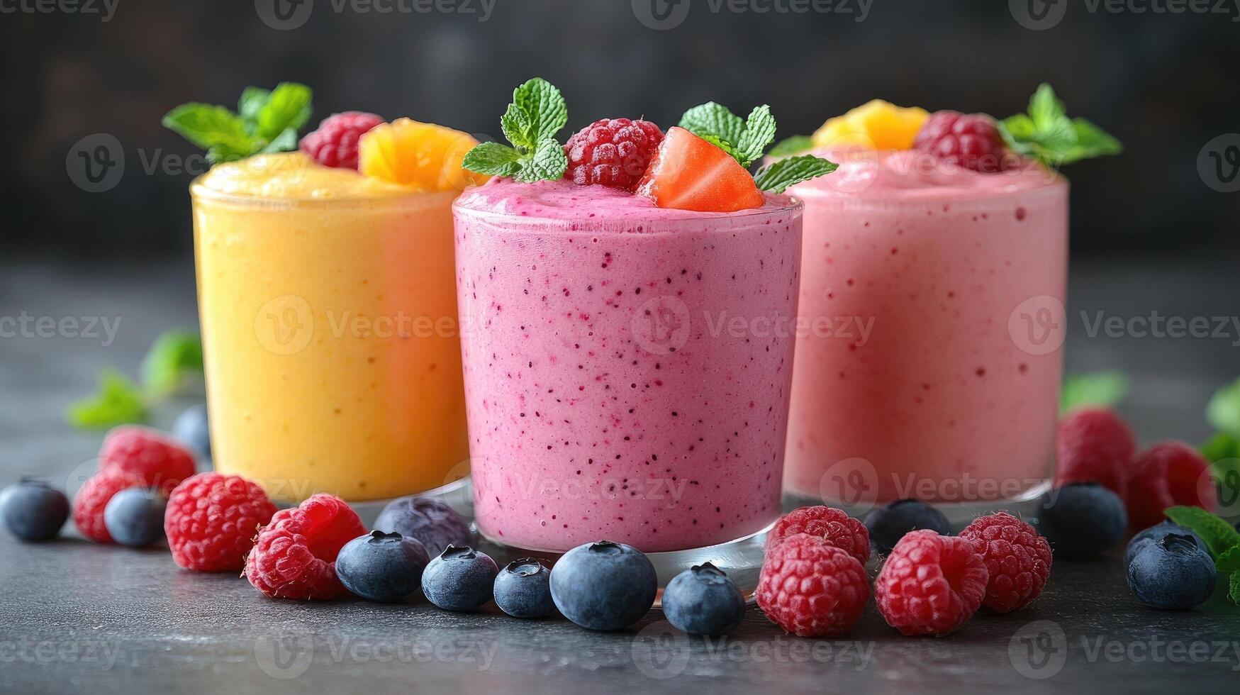 Colorful assortment of fruit smoothies topped with fresh berries and mint photo