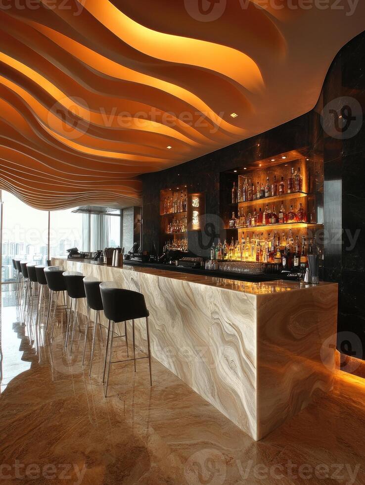 Luxurious hotel bar with onyx countertop and wavy ceiling design photo
