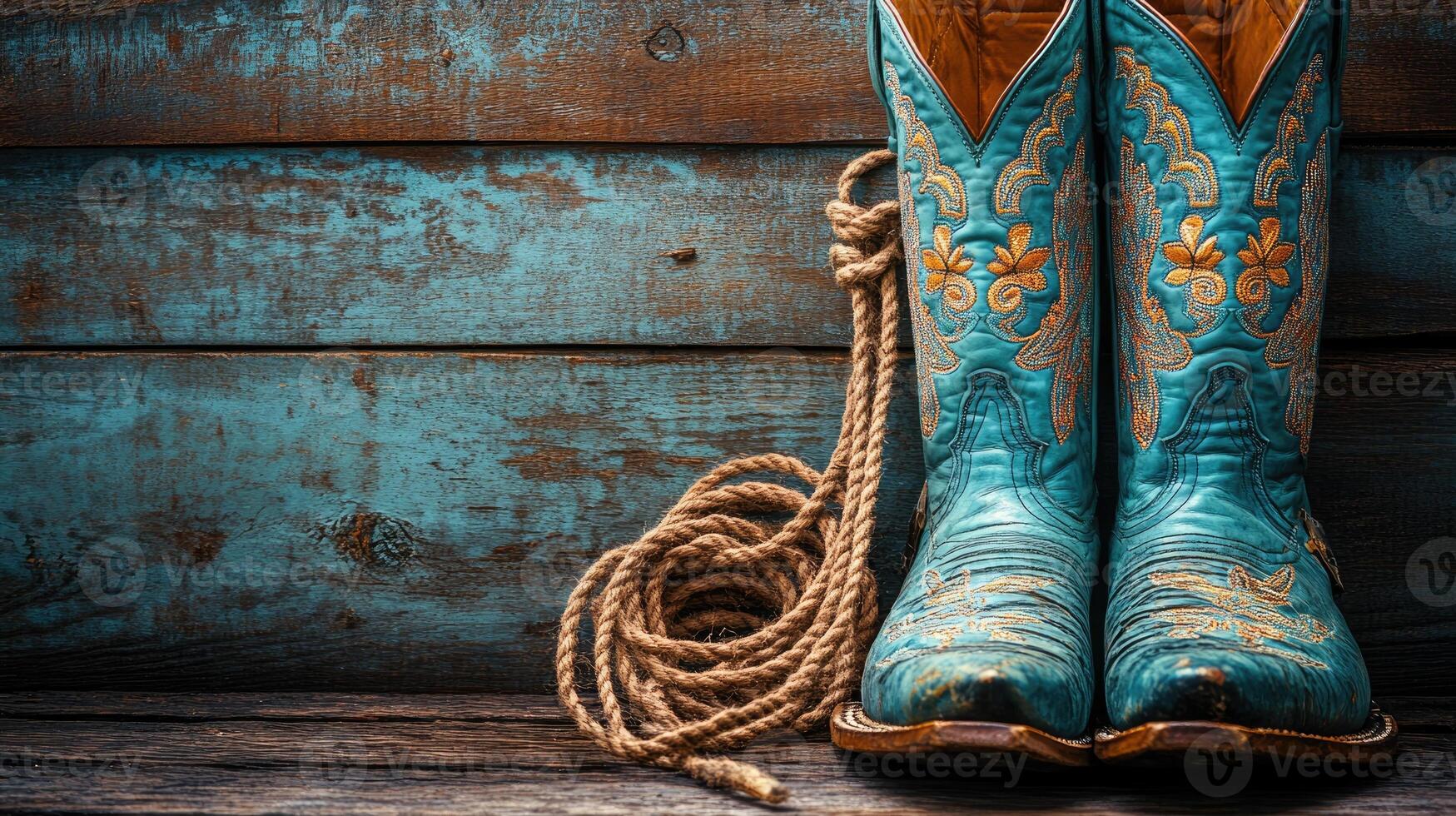 Pair of turquoise cowboy boots resting on rustic wooden background photo