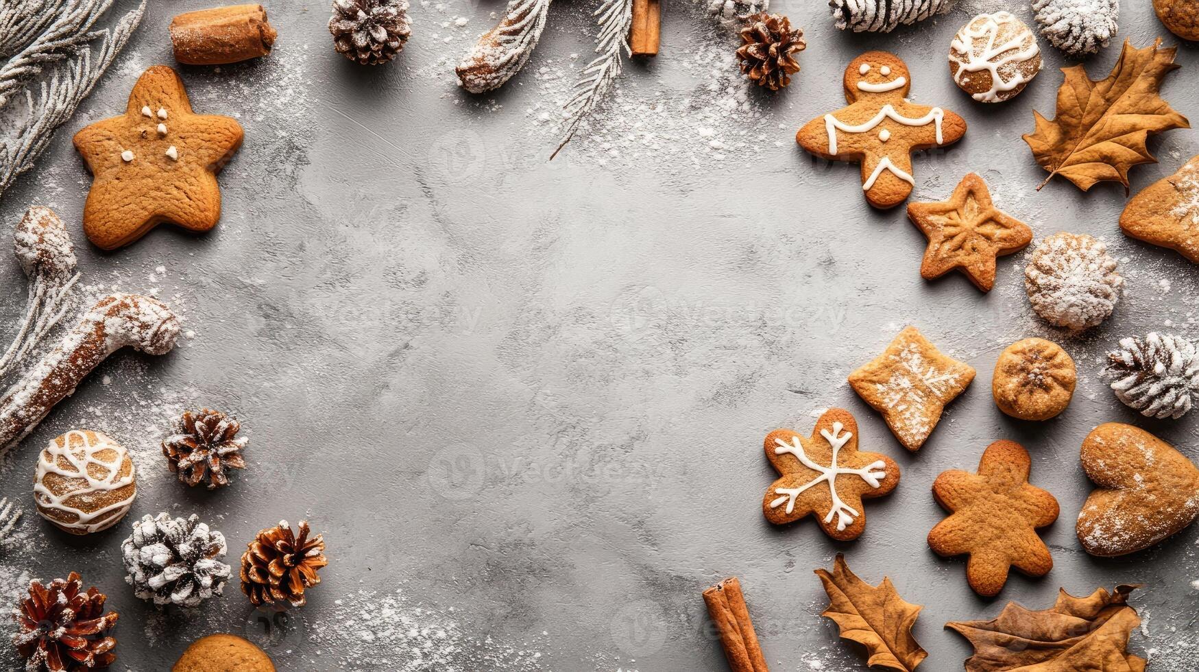 Christmas gingerbread cookies decorated with icing on grey background with fir branches photo