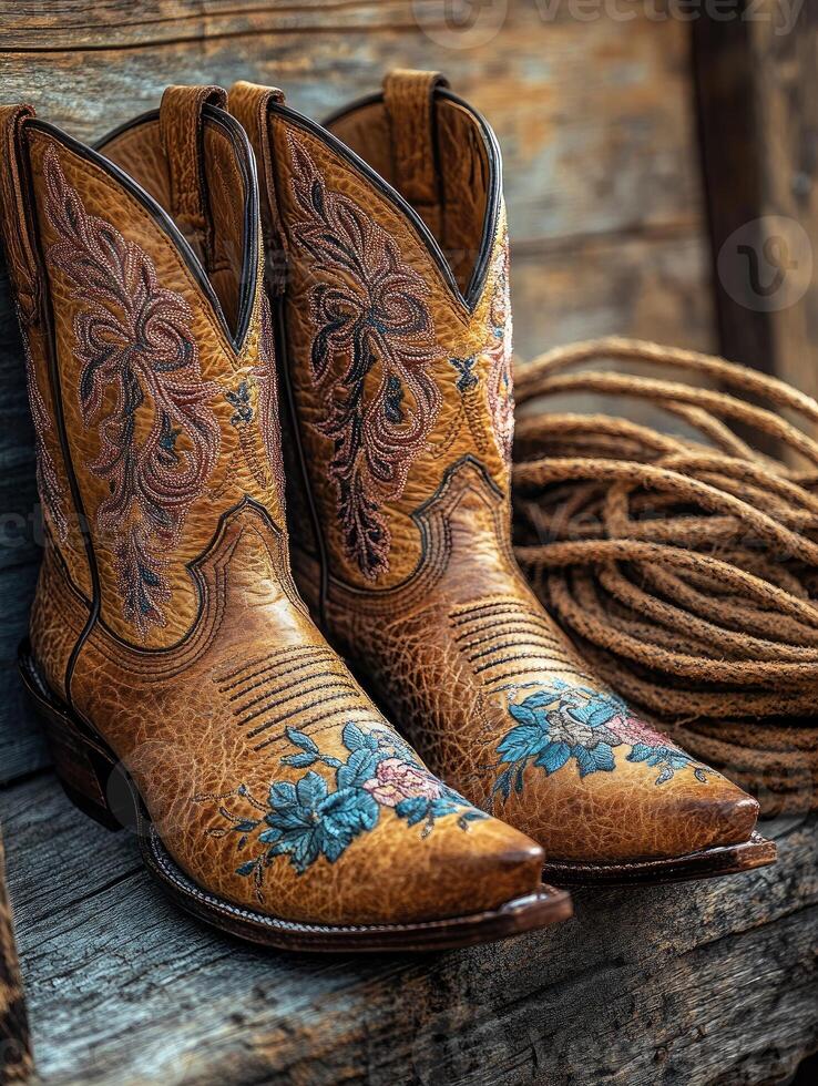 Pair of brown leather cowboy boots with rope on wooden surface photo