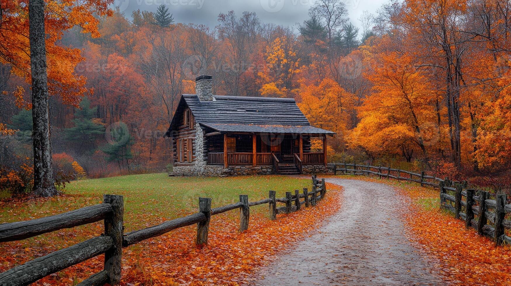 Log cabin surrounded by colorful autumn foliage with pathway leading through forest photo