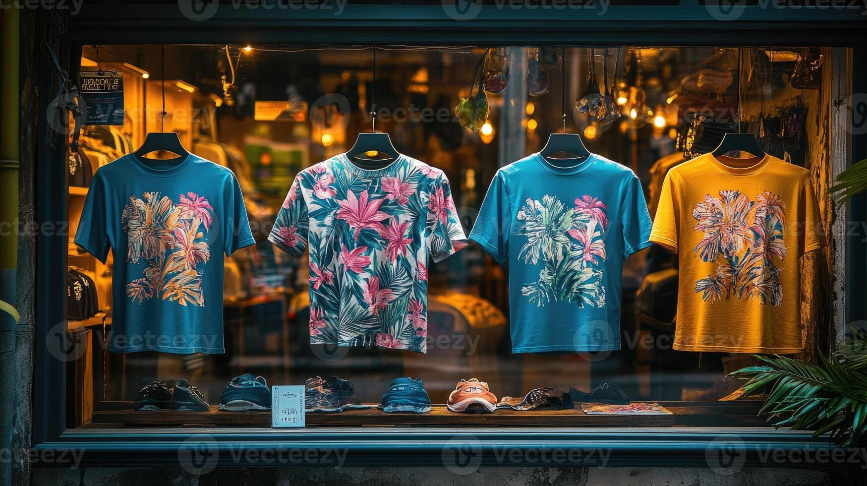 Fashion retail store displaying colorful hawaiian shirts with floral prints photo