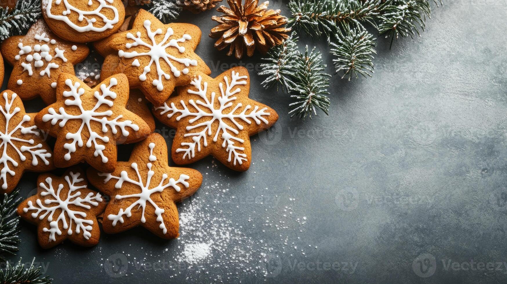 Christmas gingerbread cookies decorated with icing on grey background with fir branches photo