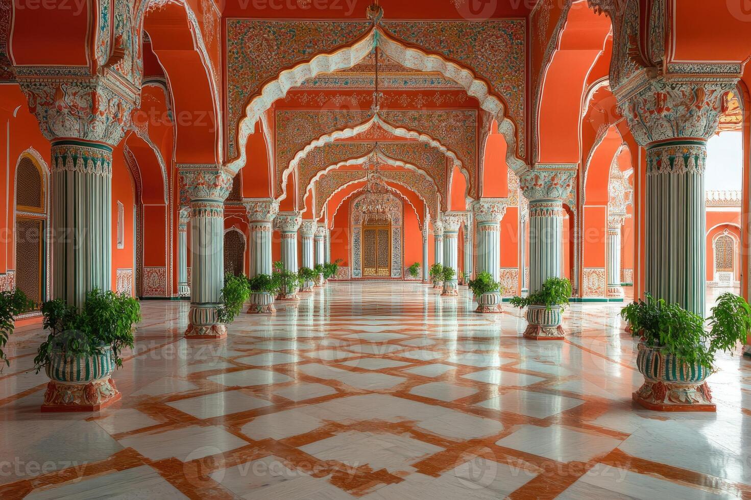 Magnificent corridor with arches and columns in jaipur city palace photo