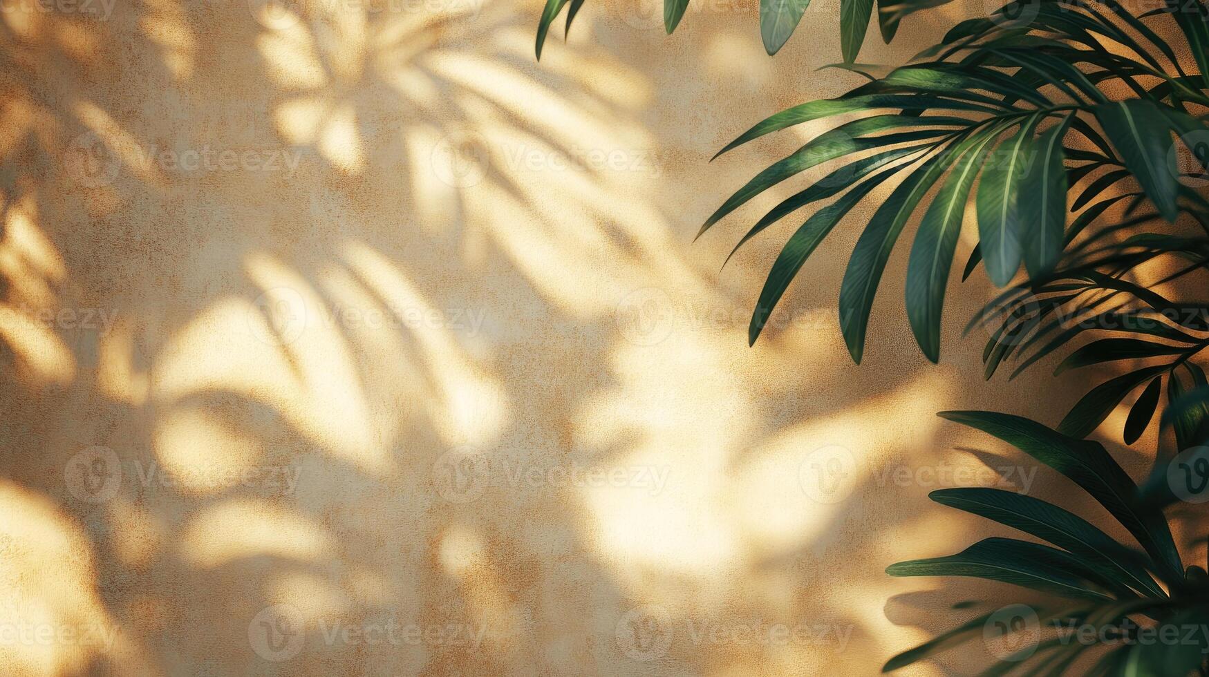 Sunlight casting palm tree shadows on textured wall, creating tropical ambiance photo
