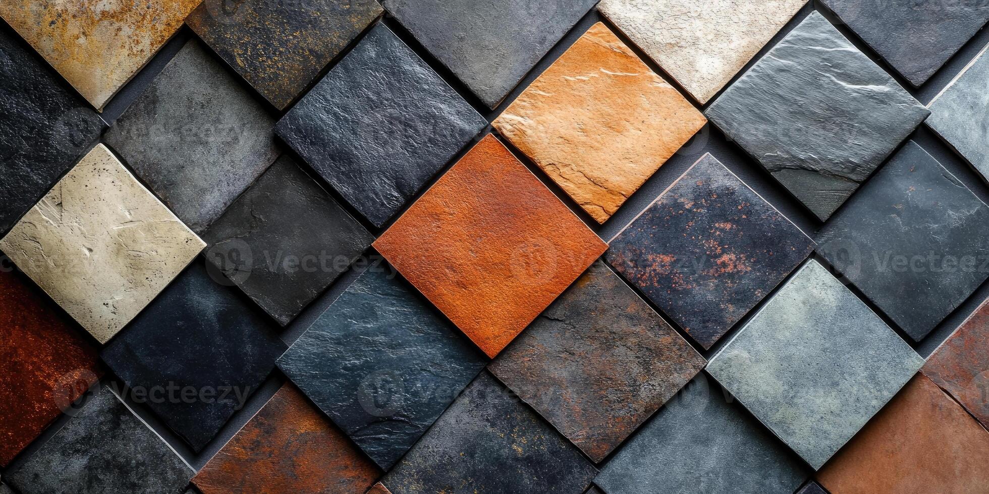 Collection of different types of natural stone tiles showing various textures and colors photo