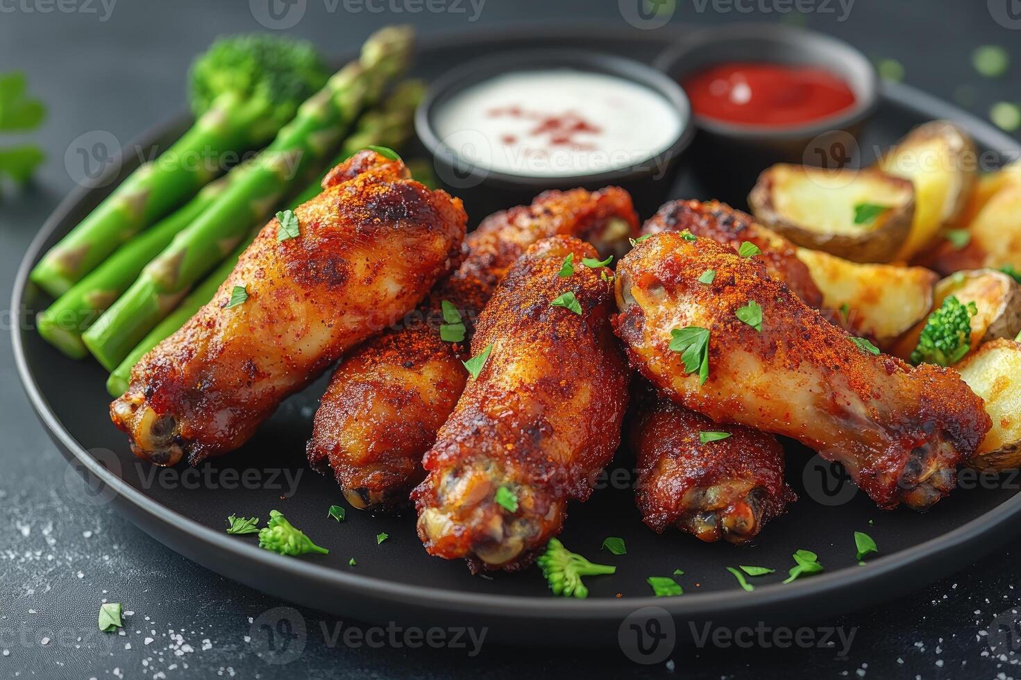 Delicious crispy chicken wings served with potato wedges and broccoli photo