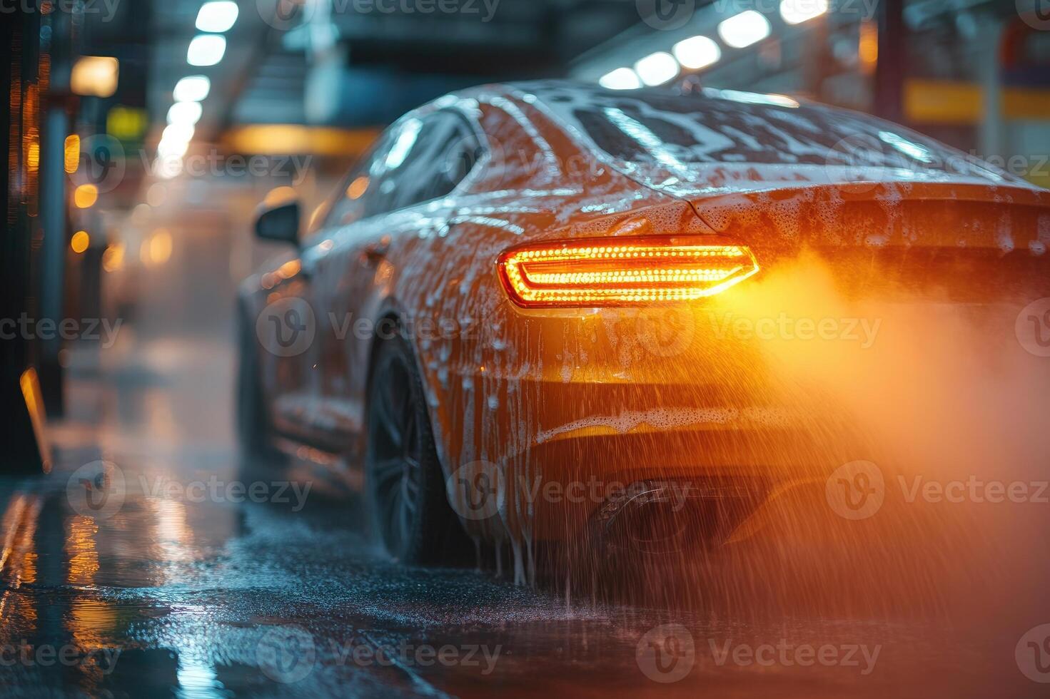 Orange sports car leaving car wash with soap suds photo
