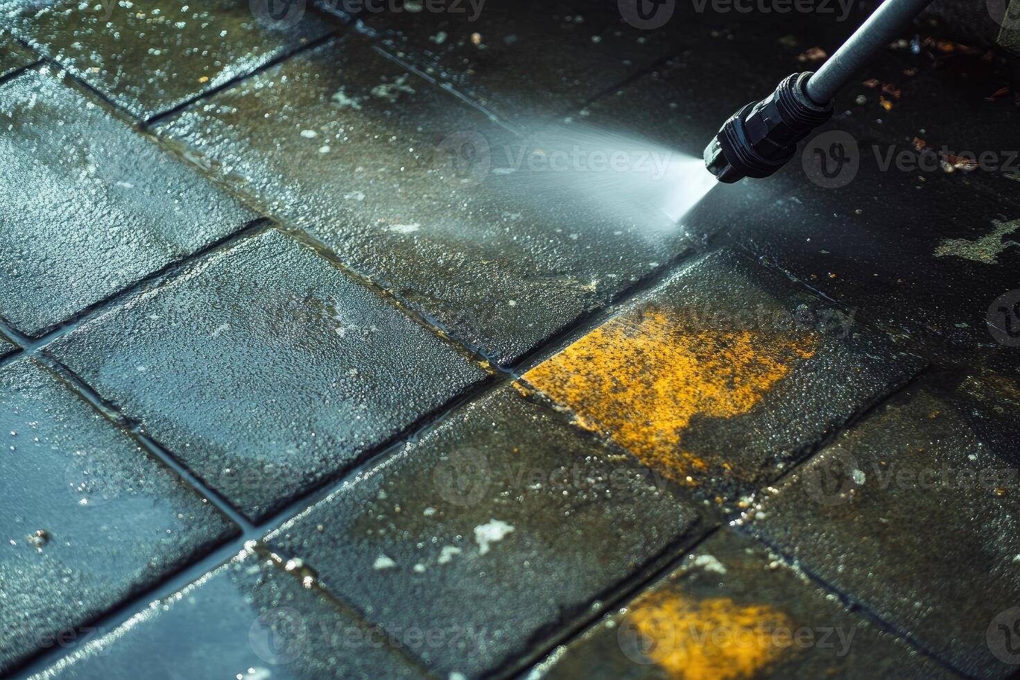 Cleaning service worker using high pressure water jet cleaning city street photo