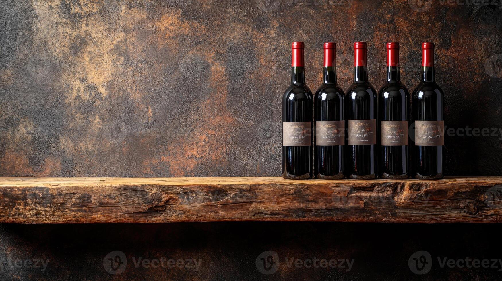 Wine bottles resting on wooden shelf in cellar photo