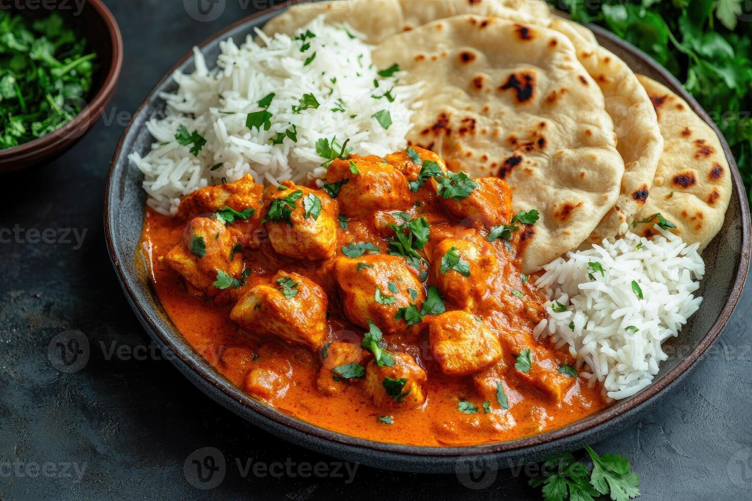 Delicious chicken tikka masala with rice and naan bread on dark background photo
