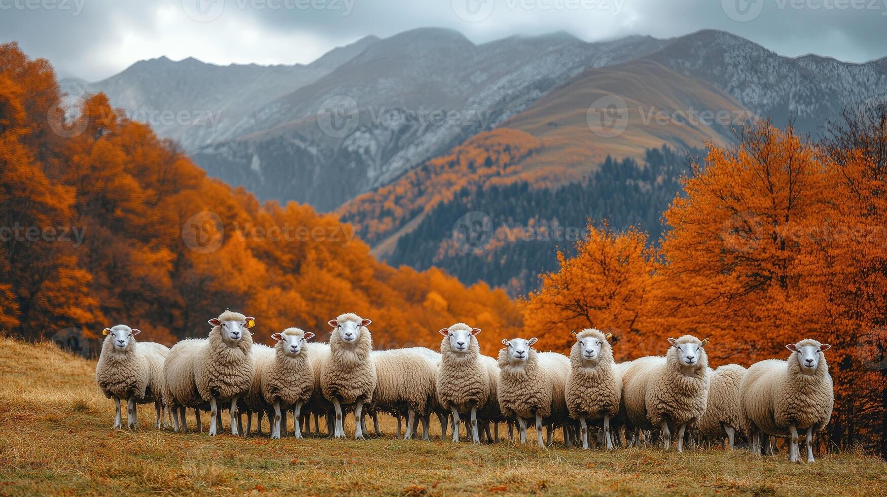 Flock of sheep standing in line on hillside with autumn foliage photo