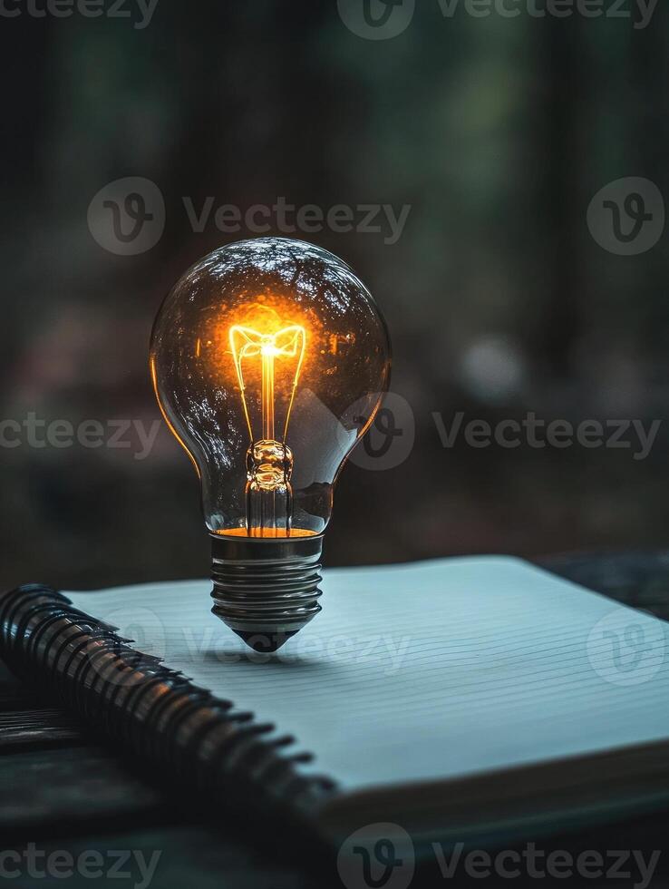 Glowing lightbulb floating over a notebook suggesting new ideas photo