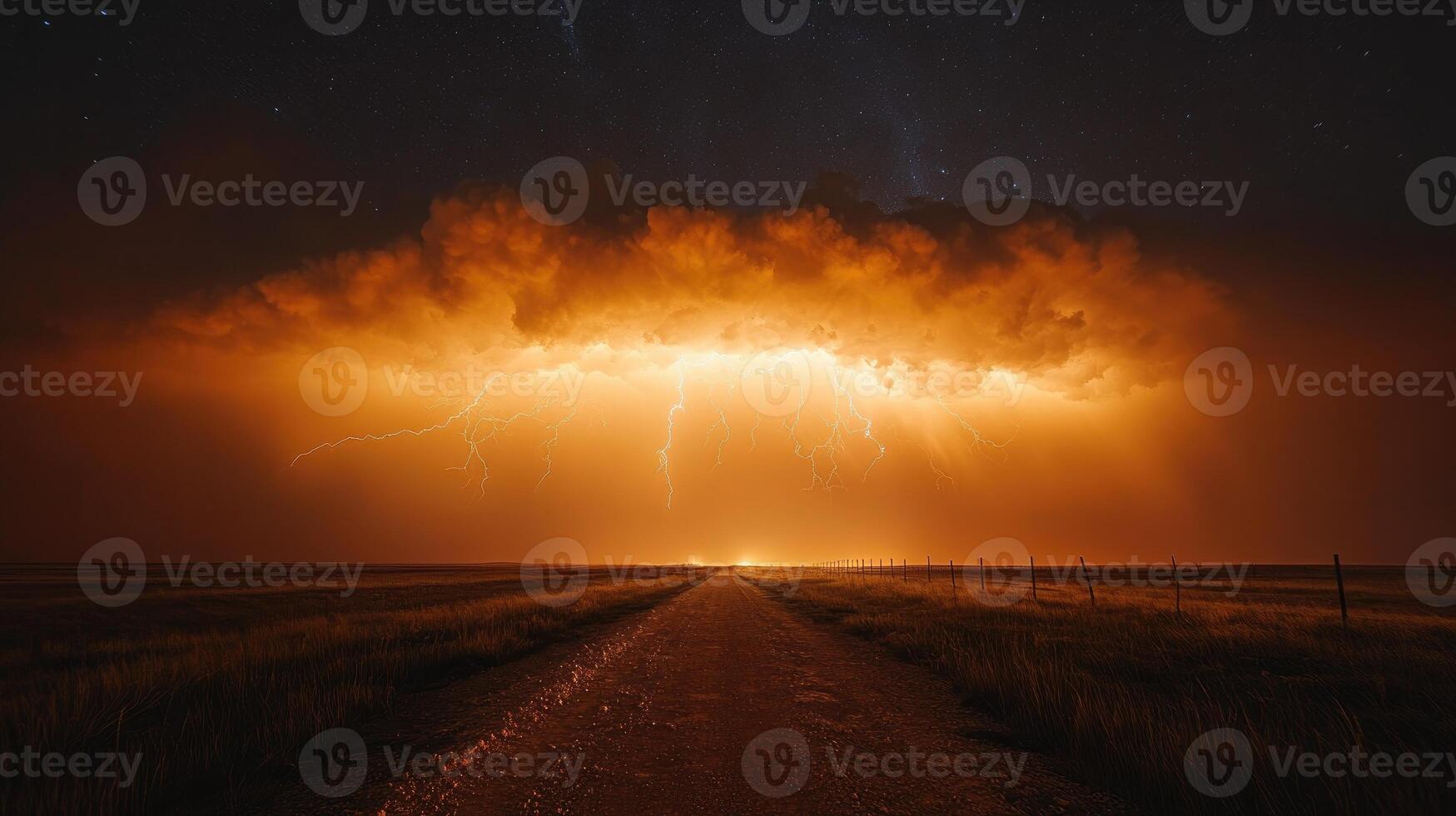 Lightning storm illuminating a dirt road at night in the countryside photo