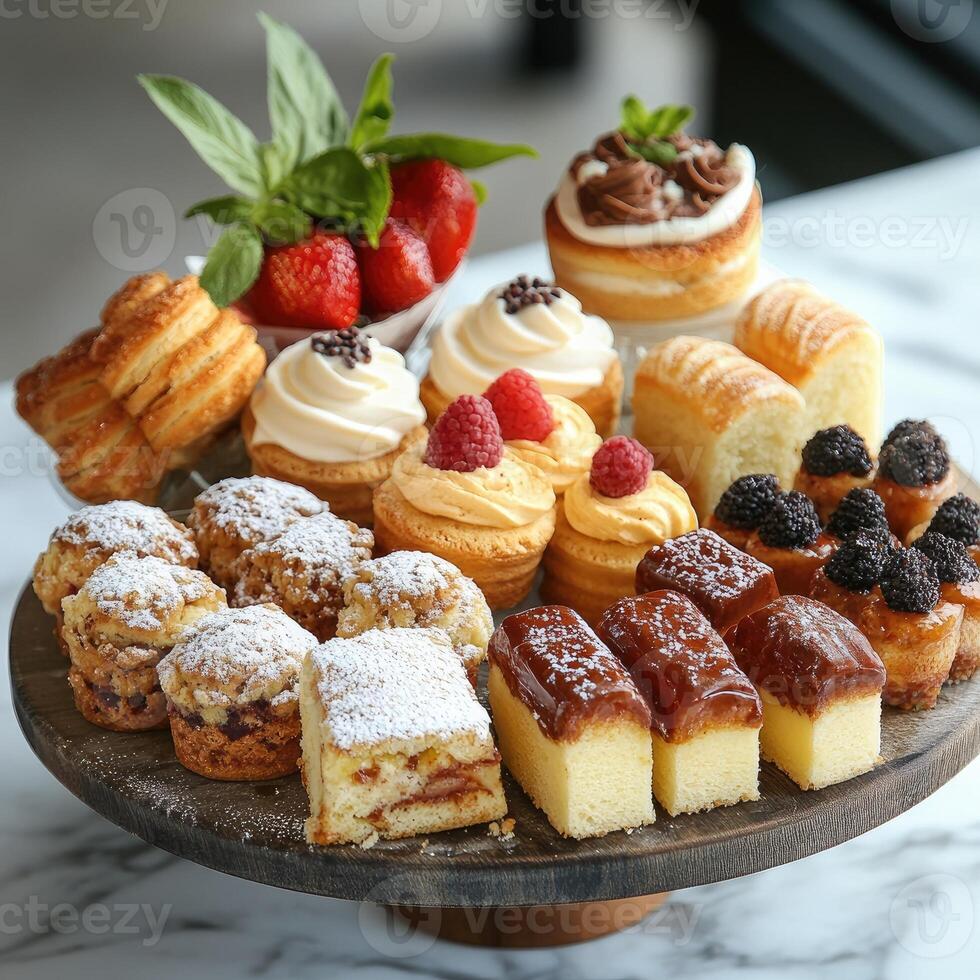 Plate of assorted cakes and pastries being decorated with powdered sugar photo