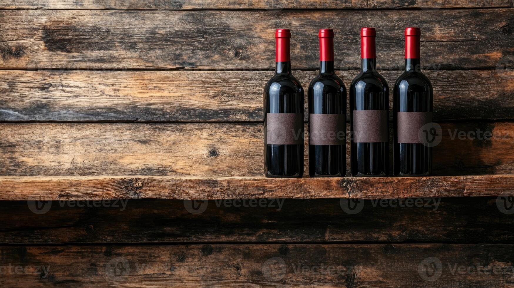 Wine bottles resting on a rustic wooden shelf are displaying blank labels photo