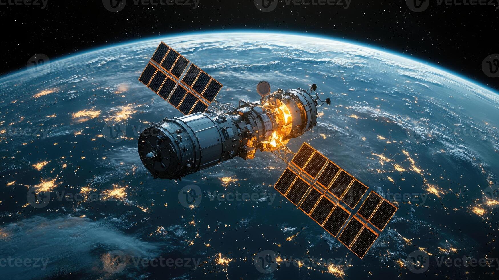 Satellite orbiting earth with solar panels deployed collecting data photo