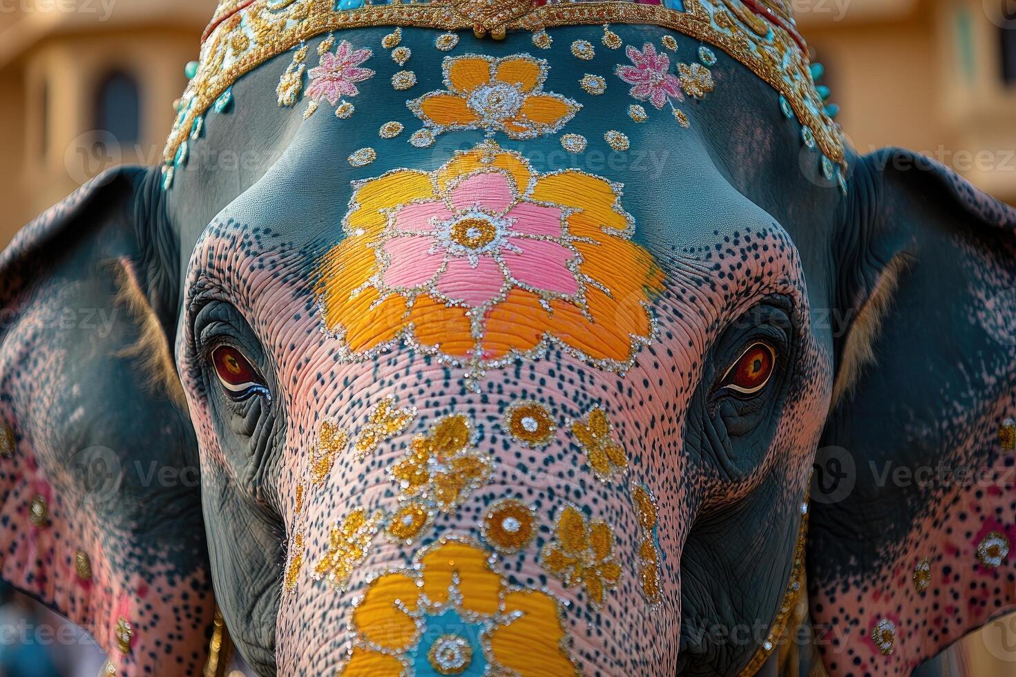 Decorated elephant wearing traditional indian headdress posing for a festival photo