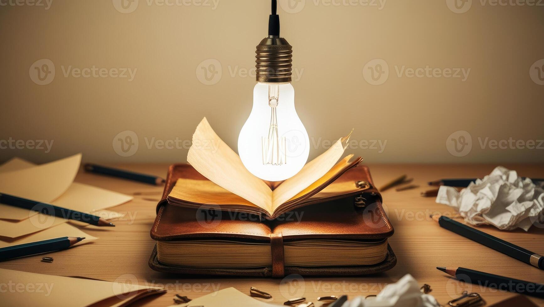Glowing light bulb floating above open notebook symbolizing ideas and creativity photo
