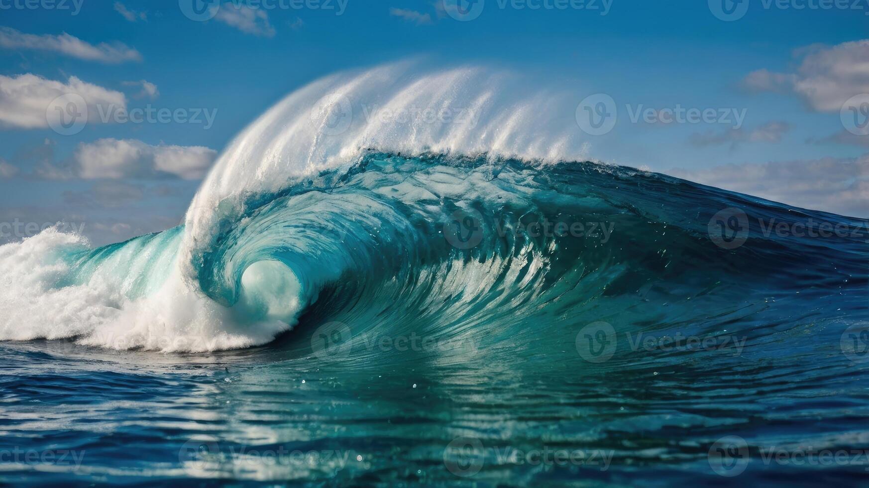 Giant blue ocean wave breaking in bright sunlight photo