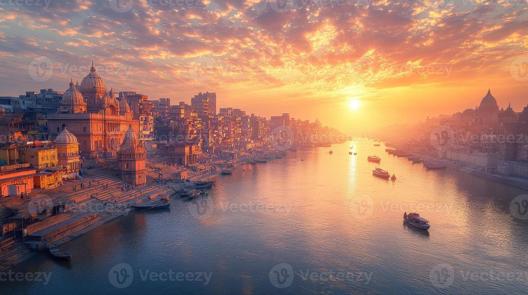 The sun is rising over the ganges river in varanasi with temples and boats photo