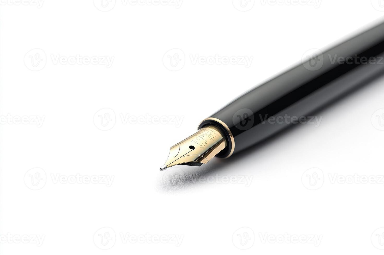 Elegant black and gold fountain pen lying on white background photo