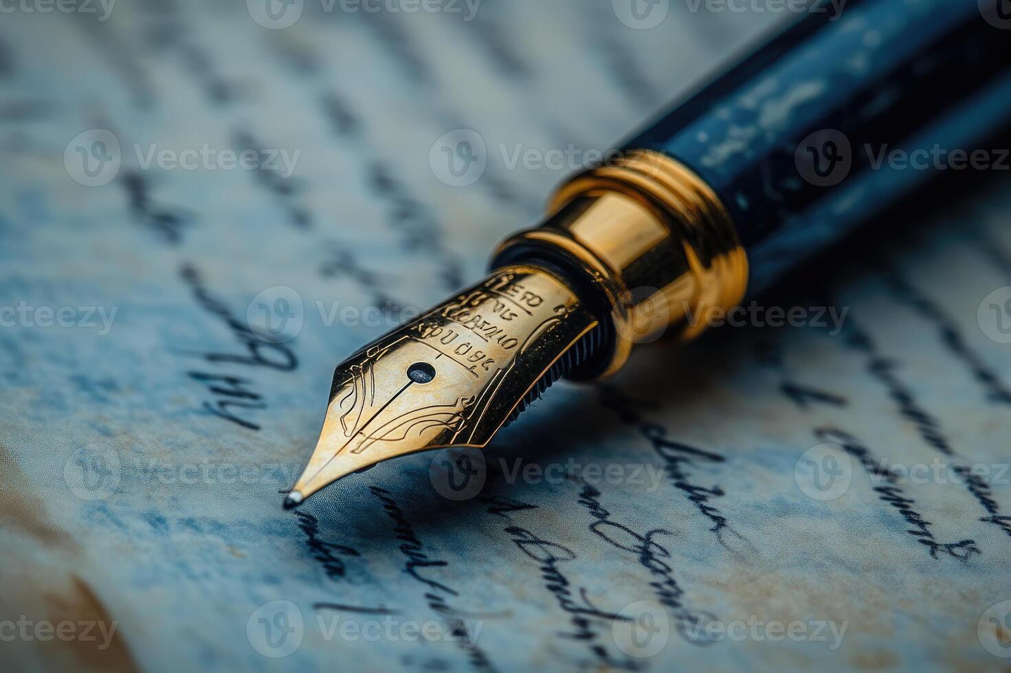 Golden fountain pen writing on paper with cursive handwriting photo