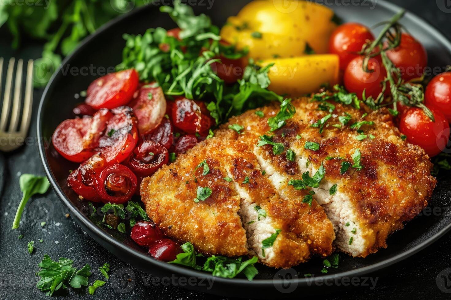 Breaded chicken schnitzel is served on a plate with roasted potatoes and cherry tomatoes photo