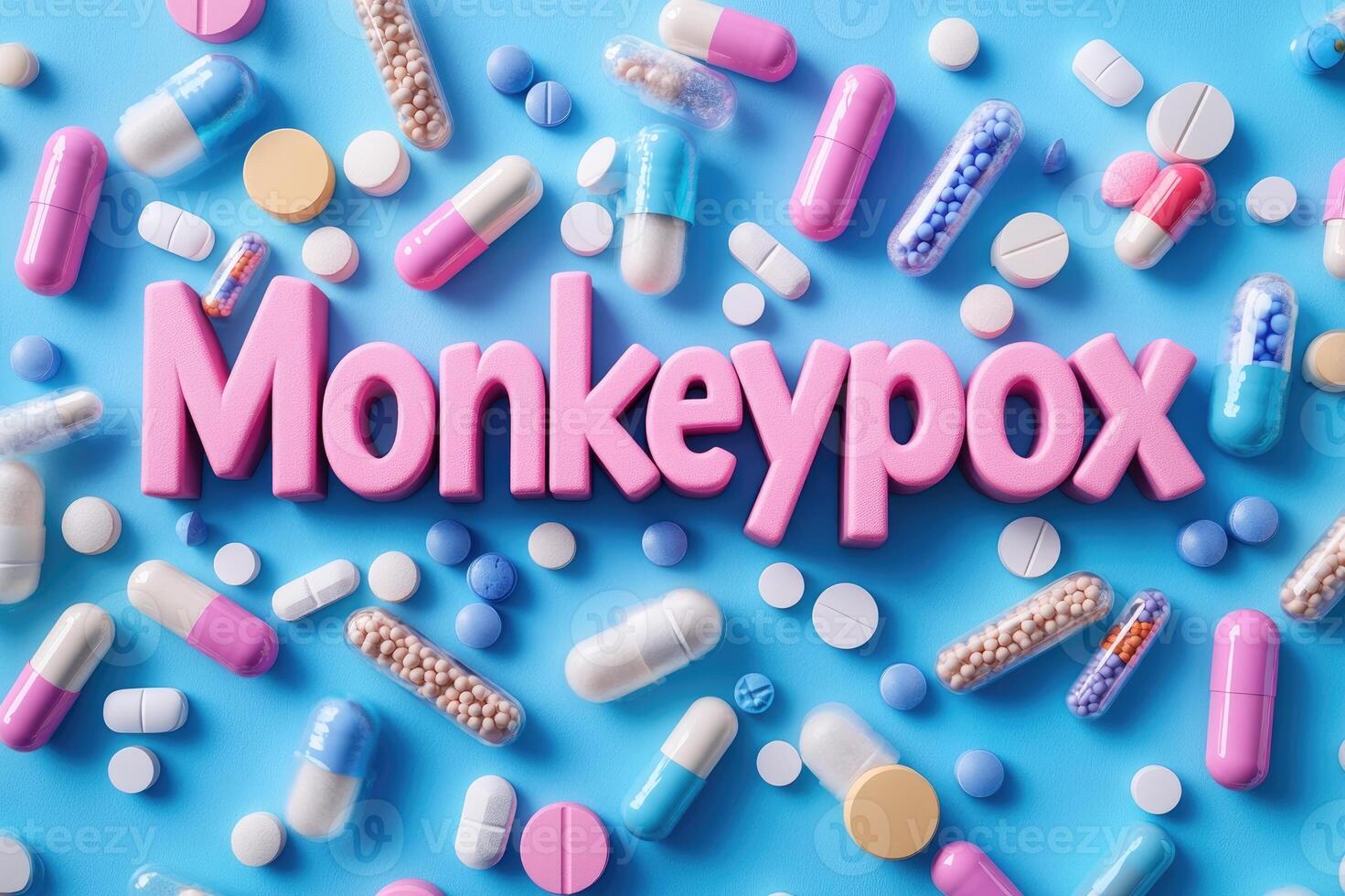 Monkeypox virus concept with pills lying on blue background photo
