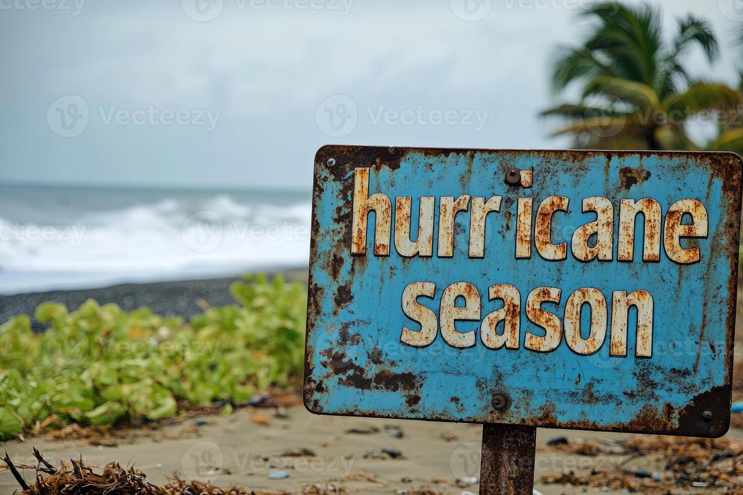 Rusty hurricane season sign warning of approaching storm surge on beach photo